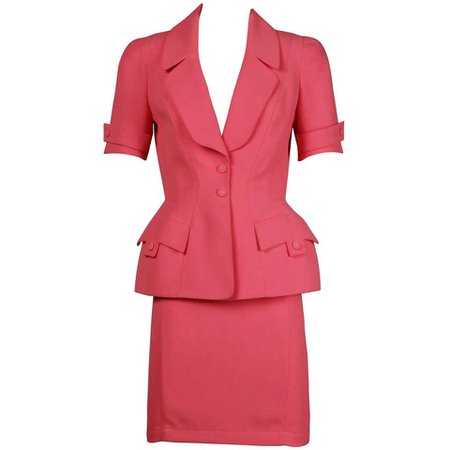 1980s Thierry Mugler Vintage Bubblegum Pink Jacket + Skirt Suit 2-Piece Ensemble For Sale at 1stdibs
