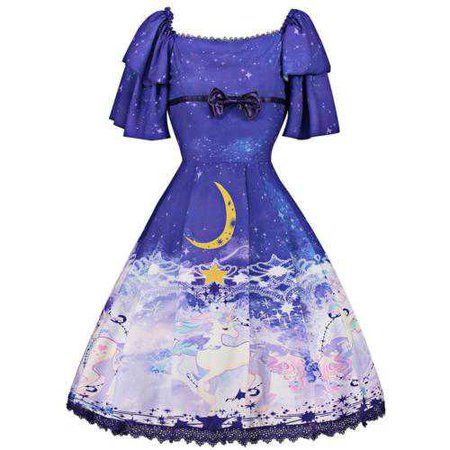 Vintage Sweet Lolita Women Square Collar Midi Dresses Unicorn Animal Print Blue | eBay