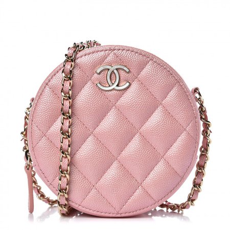 CHANEL Iridescent Caviar Quilted Round Clutch With Chain Pink