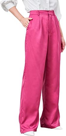 MakeMeChic Women's Satin Silk High Waisted Wide Leg Pants with Pockets at Amazon Women’s Clothing store
