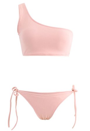 One-Shoulder Tie Side Low Rise Bikini Set in Pink - Retro, Indie and Unique Fashion