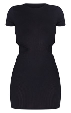 Black Short Sleeve Open Back Rib Bodycon Dress | PrettyLittleThing USA