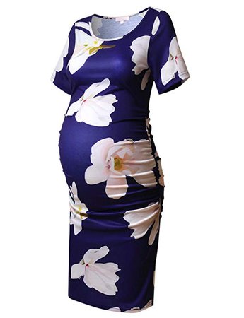 Maternity Floral Print Dress Short Sleeve Bodycon Ruched Side Knee Length Dress Beige Rose M at Amazon Women’s Clothing store: