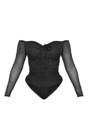 Shape Black Mesh Long Sleeve Ruched Bodysuit | PrettyLittleThing