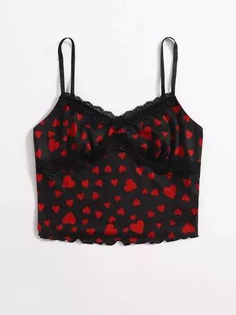 black Lace Trim Allover Heart Print Cami Top | SHEIN USA
