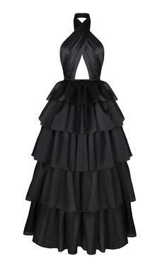 Tiered Ruffle Satin Halter Gown by RASARIO