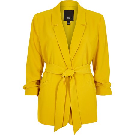 Yellow ruched sleeve belted blazer - Blazers - Coats & Jackets - women