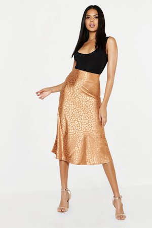 Leopard Print Satin Bias Cut Slip Midi Skirt | Boohoo