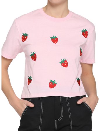Embroidered Strawberry Boxy Girls Crop T-Shirt