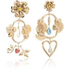 Gold Baroque Floral and Heart Dangle Earrings with Swarovski Crystal Details