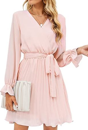 BBX Lephsnt Womens Wrap V Neck Dresses for Wedding Guest Casual Pleated Long Sleeve Mini Dress at Amazon Women’s Clothing store