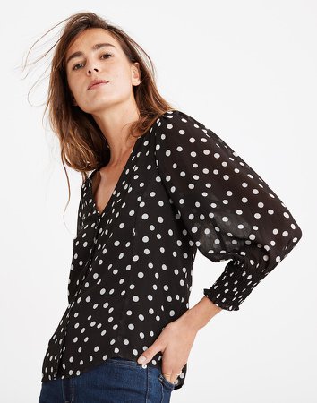 Silk Smocked-Cuff Button-Front Shirt in Big Dot