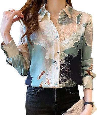 Women's Retro Collared Floral Print Shirt Short Sleeves Elegant Blouse Casual Button up Top at Amazon Women’s Clothing store