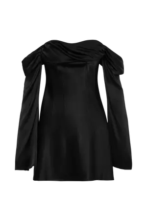 Giselle Off Shoulder Satin Mini Dress - Black - MESHKI