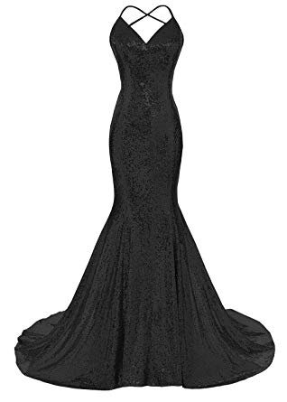 DYS Women's Sequins Mermaid Prom Dress Spaghetti Straps V Neck Backless Gowns
