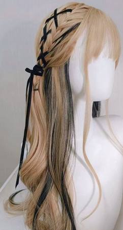 blonde wig with black ribbons in it