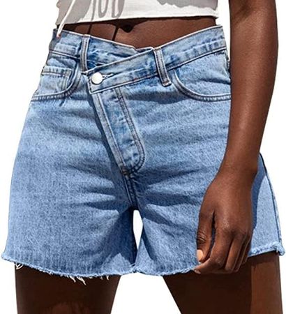 Genleck Women's Juniors Criss Crossover Jean Shorts High Waisted Stretchy Denim Shorts Casual Summer Hot Shorts(Blue,Size M) at Amazon Women’s Clothing store
