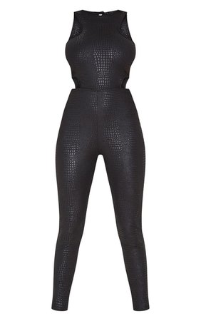 Black Textured Croc Cut Out Jumpsuit | PrettyLittleThing