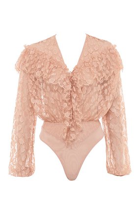 Clothing : Bodysuits : 'Veronica' Blush Lace Frill Bodysuit
