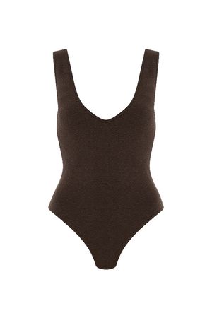 Clothing : Bodysuits : 'Karisa' Brown V-Neck Bodysuit
