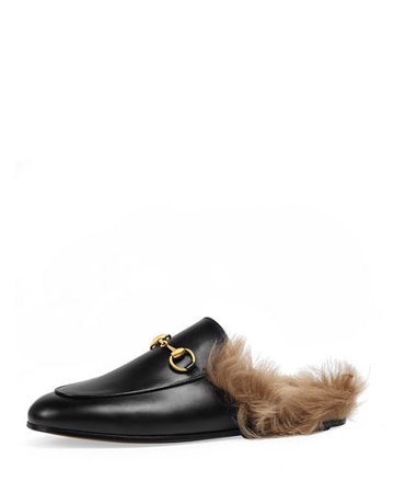 Gucci Princetown Fur-Lined Leather Mule, Black