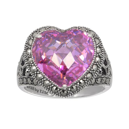 Lavish by TJM Sterling Silver Pink Cubic Zirconia Heart Ring - Made with Swarovski Marcasite