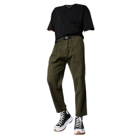 black t shirt belt olive army green cargo pants jeans converse sneakers full outfit png