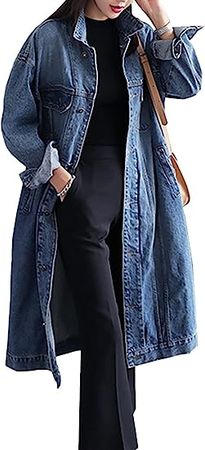 Jofemuho Womens Classic Long Jean Jacket Plus Size Loose Long Sleeve Button Down Denim Jacket Trench Coat at Amazon Women's Coats Shop