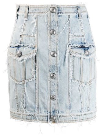 Balmain Distressed Buttoned Denim Mini Skirt