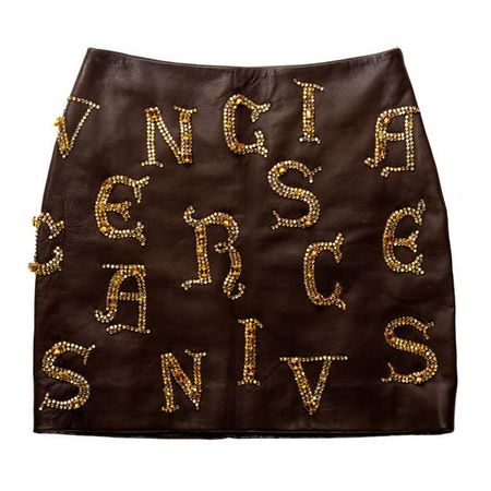 Atelier Versace Brown Leather Skirt With Gold Crystal Calligraphy