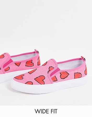 ASOS DESIGN Wide Fit Dotty slip-on canvas sneakers in pink heart print | ASOS
