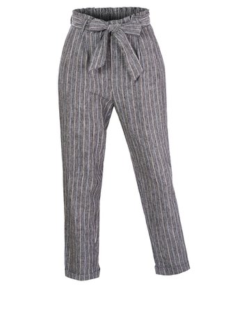 LE3NO Womens High Waisted Linen Blend Striped Paper Bag Belted Trouser Pants | LE3NO grey