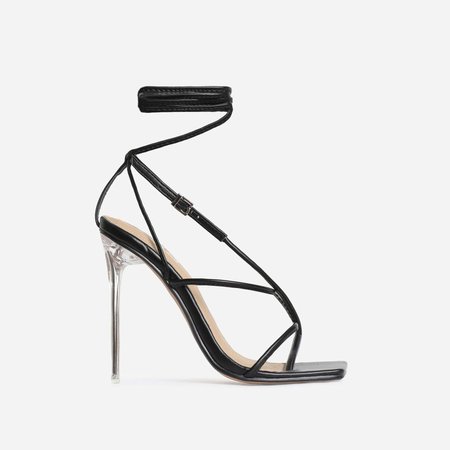 True Square Toe Lace Up Clear Perspex Heel In Black Faux Leather | EGO