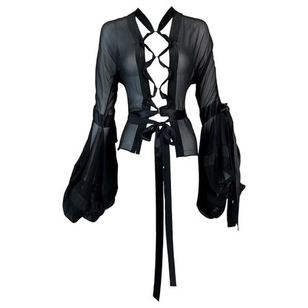 F/W 2002 Yves Saint Laurent Tom Ford Sheer Black Silk Lace Up Blouse Top For Sale at 1stDibs
