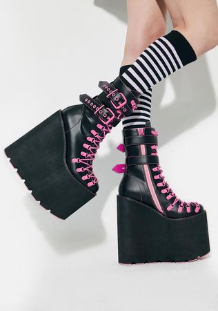 Current Mood Contrast Pink Lace Up Double Stack Traitor Boots - Black – Dolls Kill