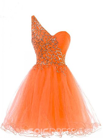 A-Line One-Shoulder Beading Short Dress Orange
