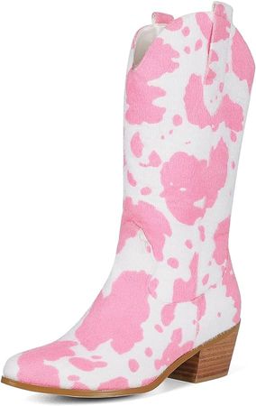 Amazon.com: Cozivwaiy Women Cow Print Cowgirl Boots Chunky Heel Half Boots Pointed Toe Western Boots Cow Print Pull on Cowgirl Boots Mid Calf Cowhide Boots Pink 13 : Clothing, Shoes & Jewelry