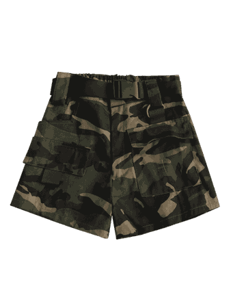High Rise Belted Camo Print Shorts In ARMY GREEN | ZAFUL