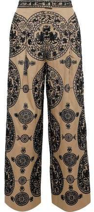 Bead-embellished Cotton-twill Wide-leg Pants