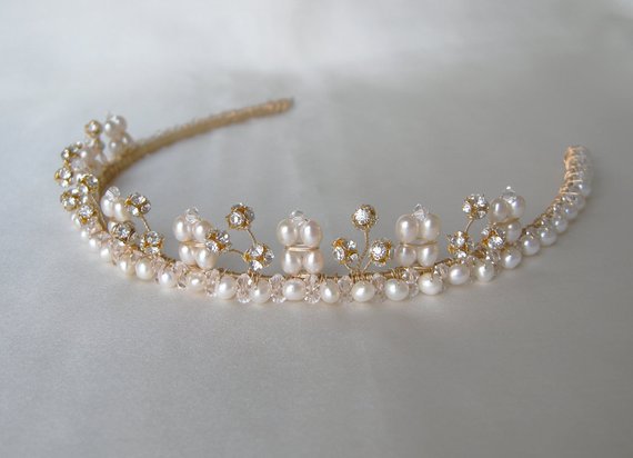 Bridal crystal tiara, Bridal Swarovski tiara with cultured freshwater pearls, Wedding tiara or headband, Bridal gold tiara