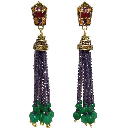 Heidi Daus "Windsor Tassels" Beaded Drop Earrings in Purple, Green, Crystals at 1stDibs