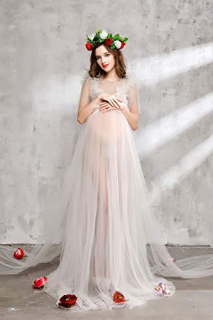 EPLAZA Maternity Maxi Lace Dress Set Sleeveless Split Photography Gown (Beige) at Amazon Women’s Clothing store: