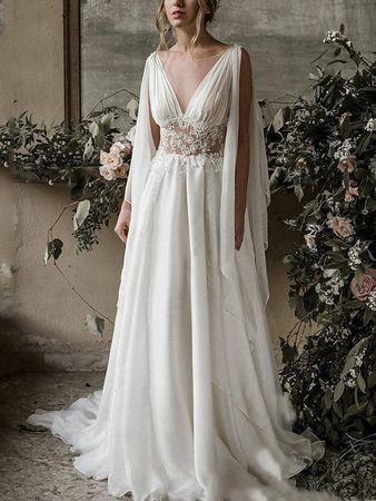 A-Line Wedding Dresses Jewel Neck Chapel Train Chiffon Sleeveless Beach with Pleats Lace Insert 2022 8388757 2022 – $159.99