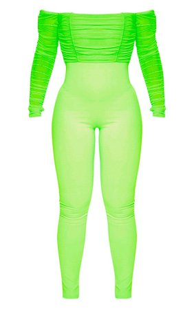 Neon Lime Mesh Bardot Long Sleeve Jumpsuit | PrettyLittleThing