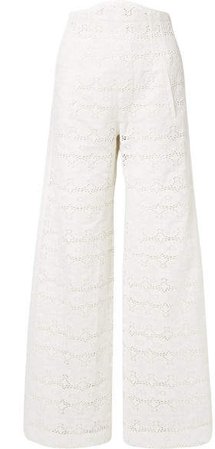 Anna Mason - Beau Broderie Anglaise Cotton Wide-leg Pants - White