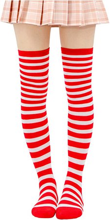 DAZCOS Striped Stockings Over Knee Thigh High Socks Anime Preppy Socks Multi color (Red+White) at Amazon Women’s Clothing store