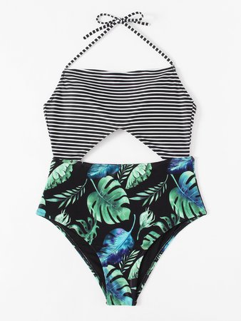 Striped & Palm Print Swimsuit