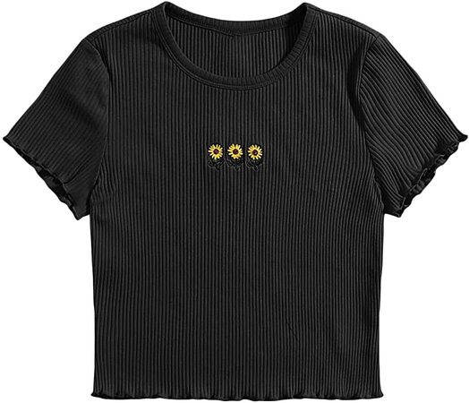 SweatyRocks Women's Floral Embroidery Ribbed Knit Short Sleeve Crop Top T-Shirt Black-12 S at Amazon Women’s Clothing store