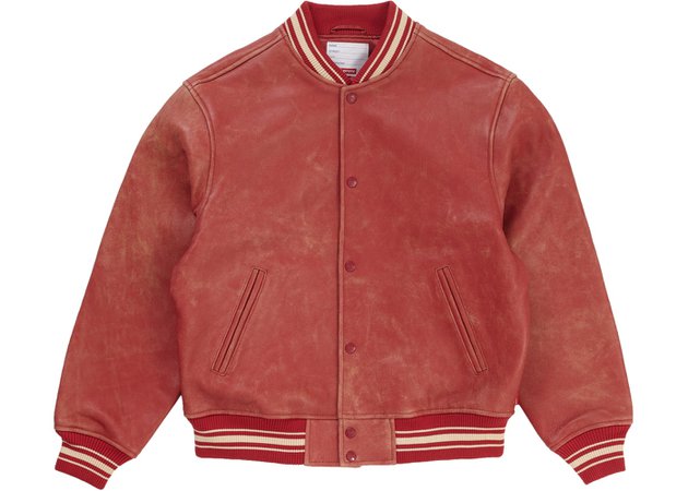 Supreme Worn Leather Varsity Jacket Red - SS19