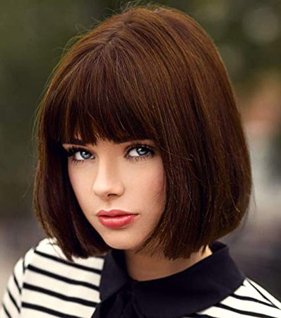Amazon.com : Short Brown Hair Wigs Bob Wig with Bangs for Women Straight Synthetic Wig 12 Inch Natural Looking As Real Hair BU027BR : Beauty